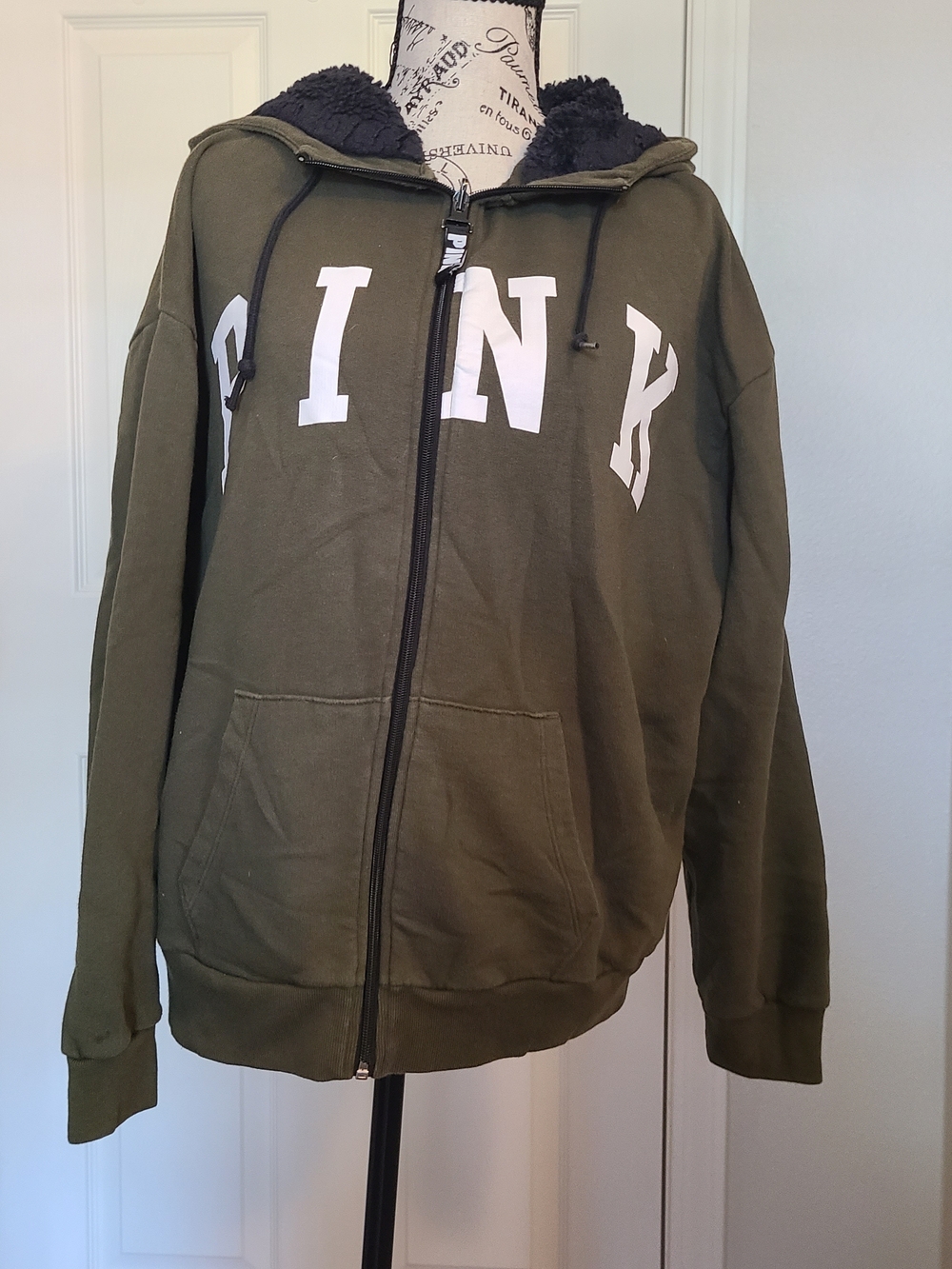 PINK Victoria's Secret Olive Green Hoodie with White Logo